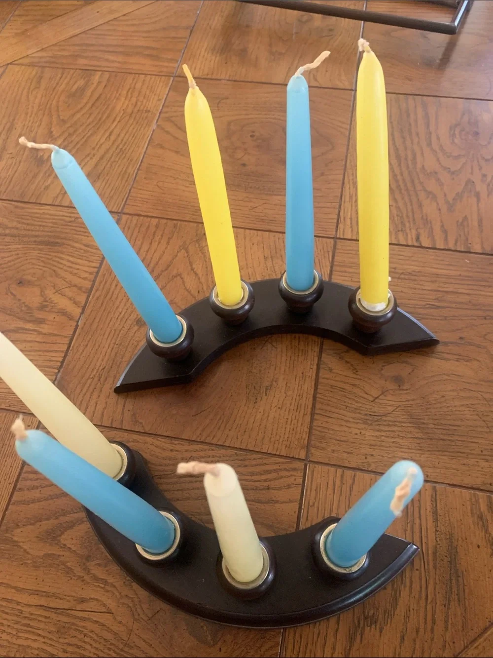 Vintage Taper Candle Set with Dark Wood Holder - Yellow, Blue, Cream